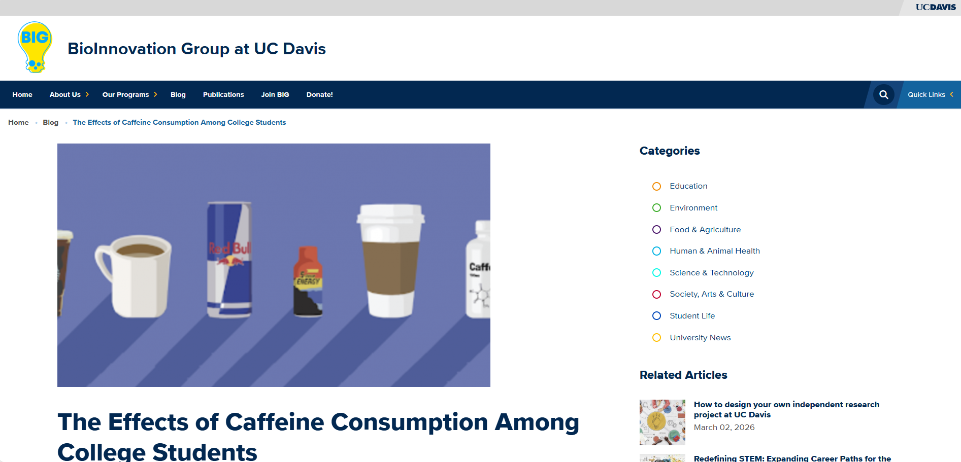 UC Davis BioInnovation Group website showing the Blog navigation menu